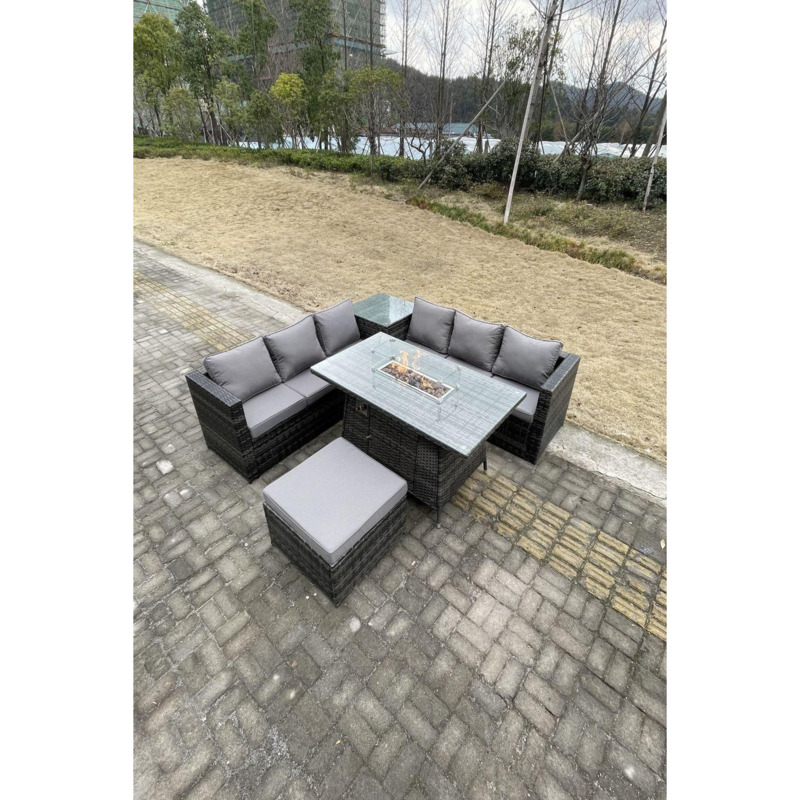 PE Rattan Garden Corner Furniture Gas Fire Pit Table Heater Lounge Big