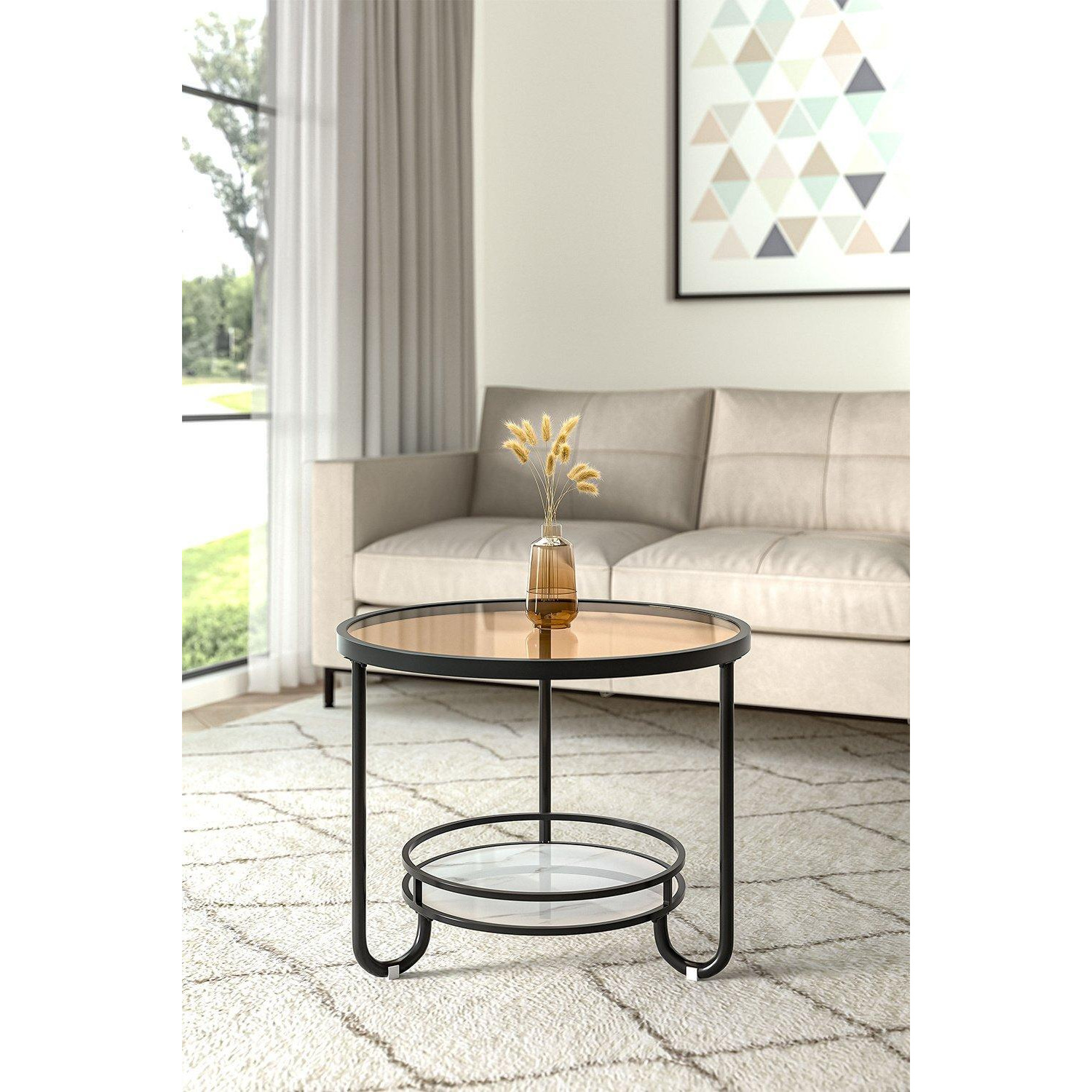 Black Round Glass and Slate Coffee Table 2 Tier by Debenhams