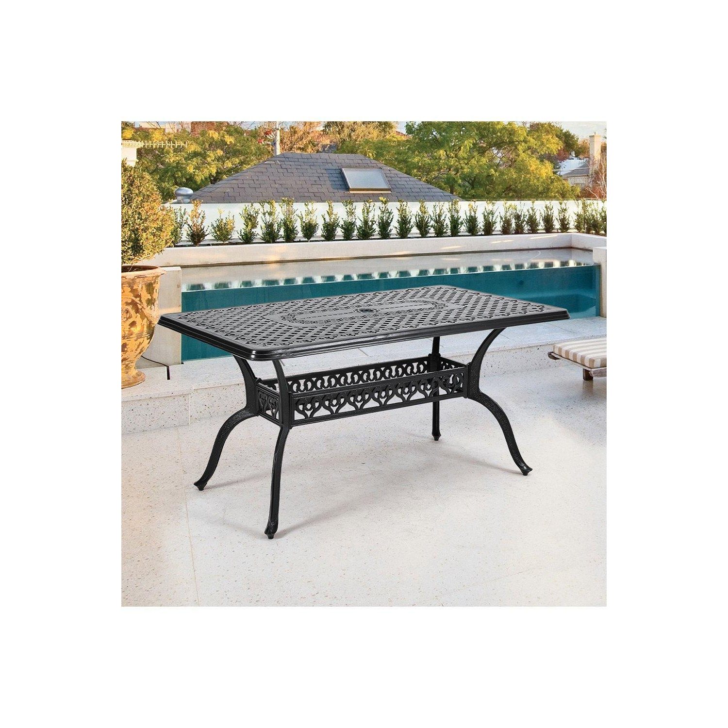 Outdoor Cast Aluminum Square Patio Table with Umbrella Hole by