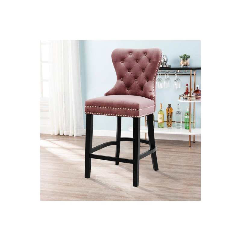 Pink Velvet Button Tufted Nailhead Trim Dining Chair with Rubber Wooden