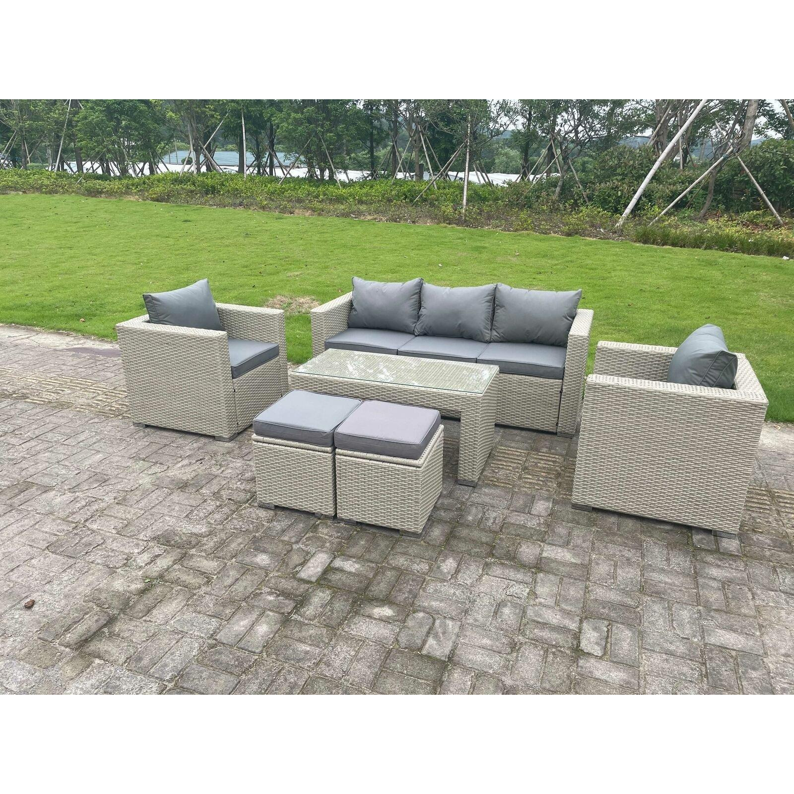 Wicker Rattan Garden Furniture Sofa Sets Outdoor Patio Coffee Table With Stools Light Grey by