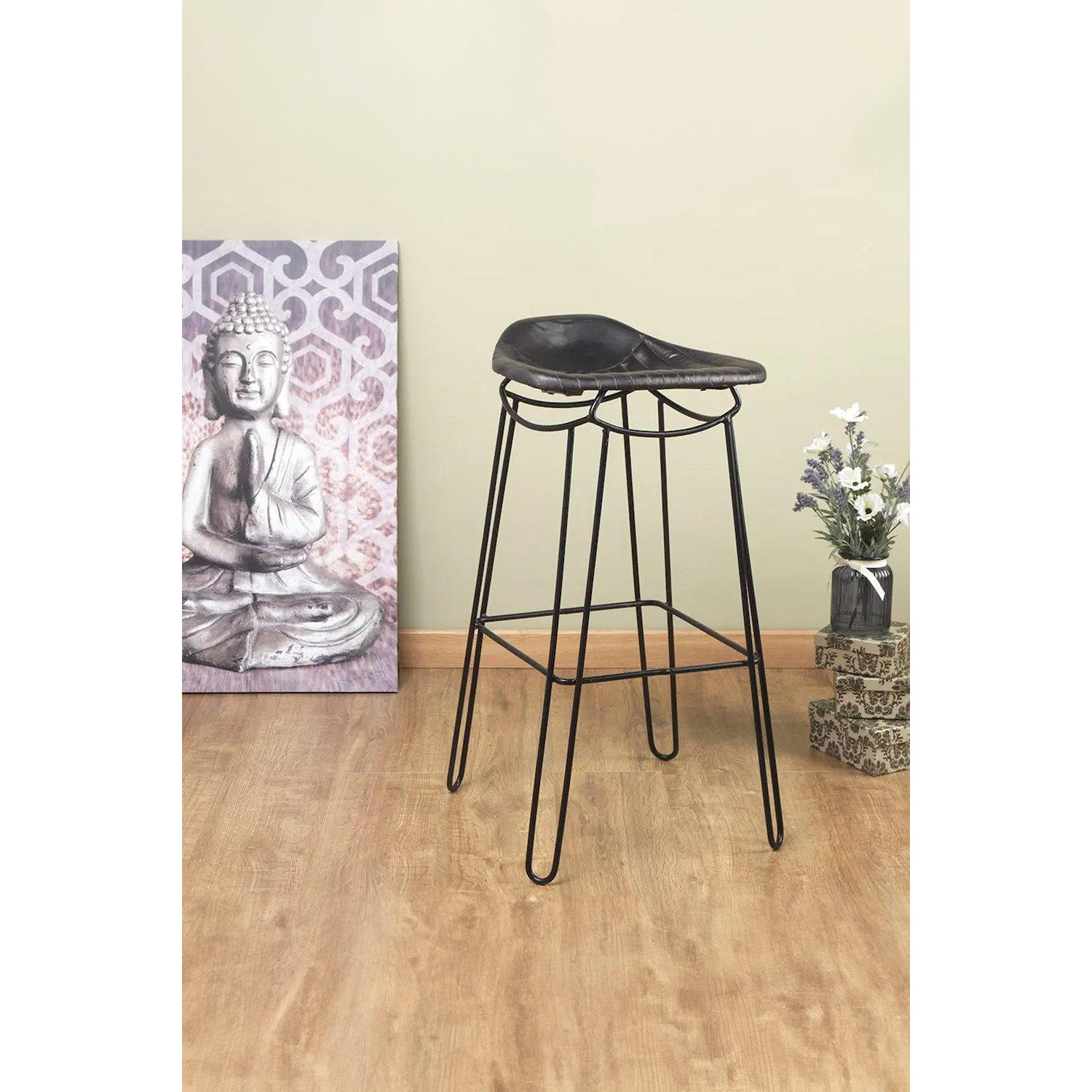 Genuine Black Leather Artisan Bar Stool Rustic Handmade Design by