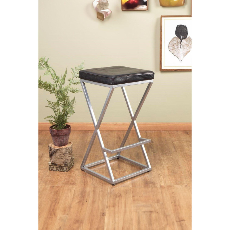Genuine Black Leather Metal Modern Bar Stool by Debenhams
