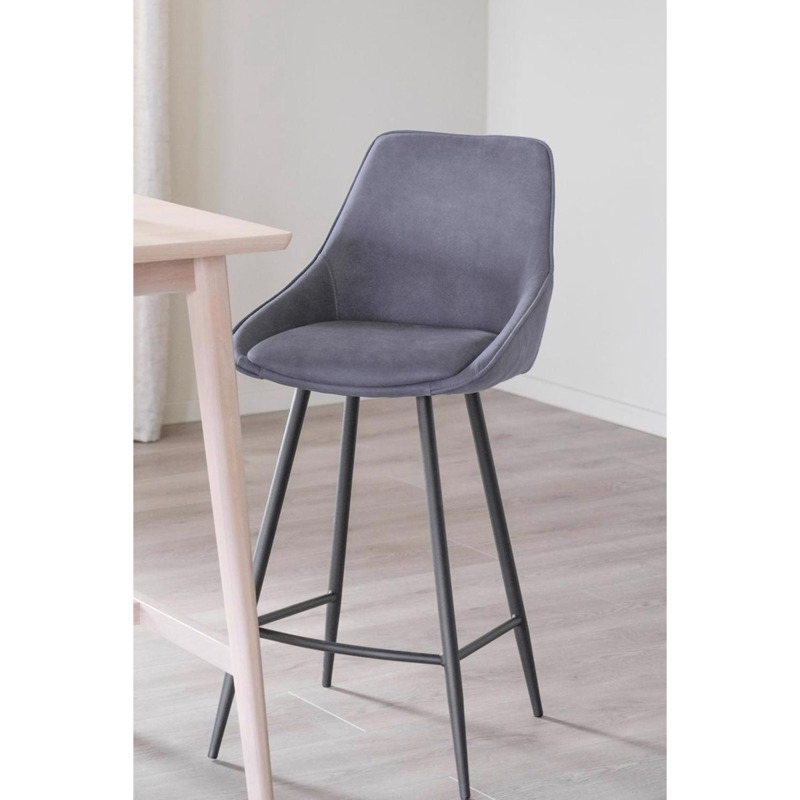 Pair Of Grey Velvet Padded Bar Stools With Black Metal Legs by