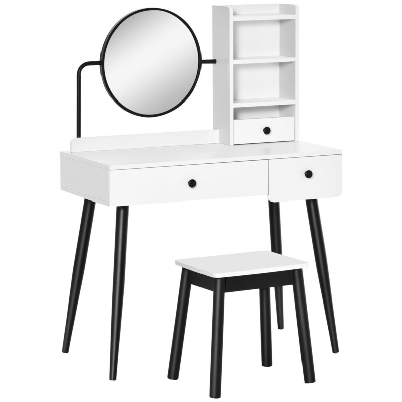 Dressing Table Set 3 Drawers Shelves Round Mirror Stool Bedroom by