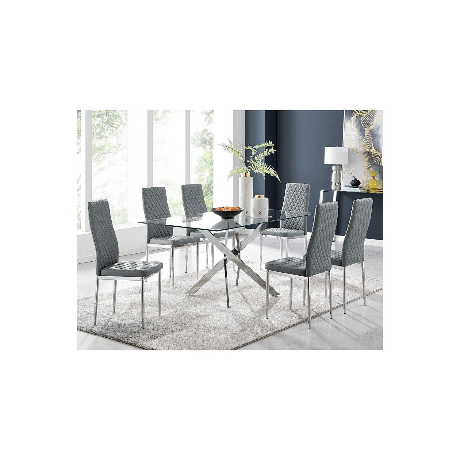 Leonardo Glass And Chrome Metal Dining Table And 6 Milan Chairs Dining ...