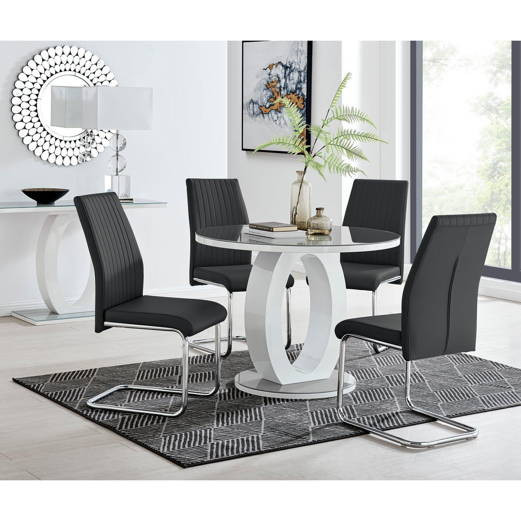 Giovani Round 4 Seat 100cm White High Gloss Unique Halo Base Grey Glass