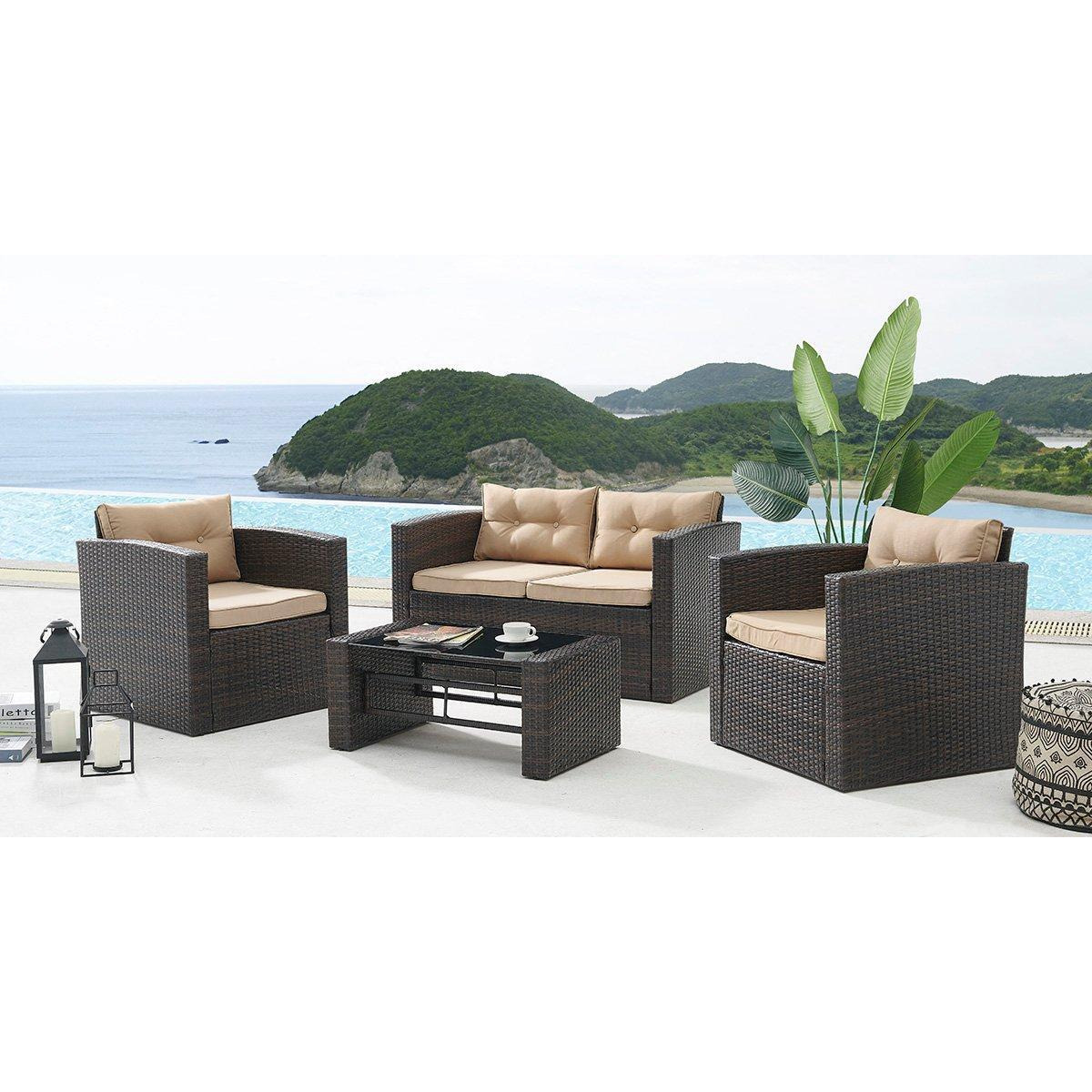 Carmen 4 Piece Brown Rattan Garden Furniture Sofa Set Loveseat