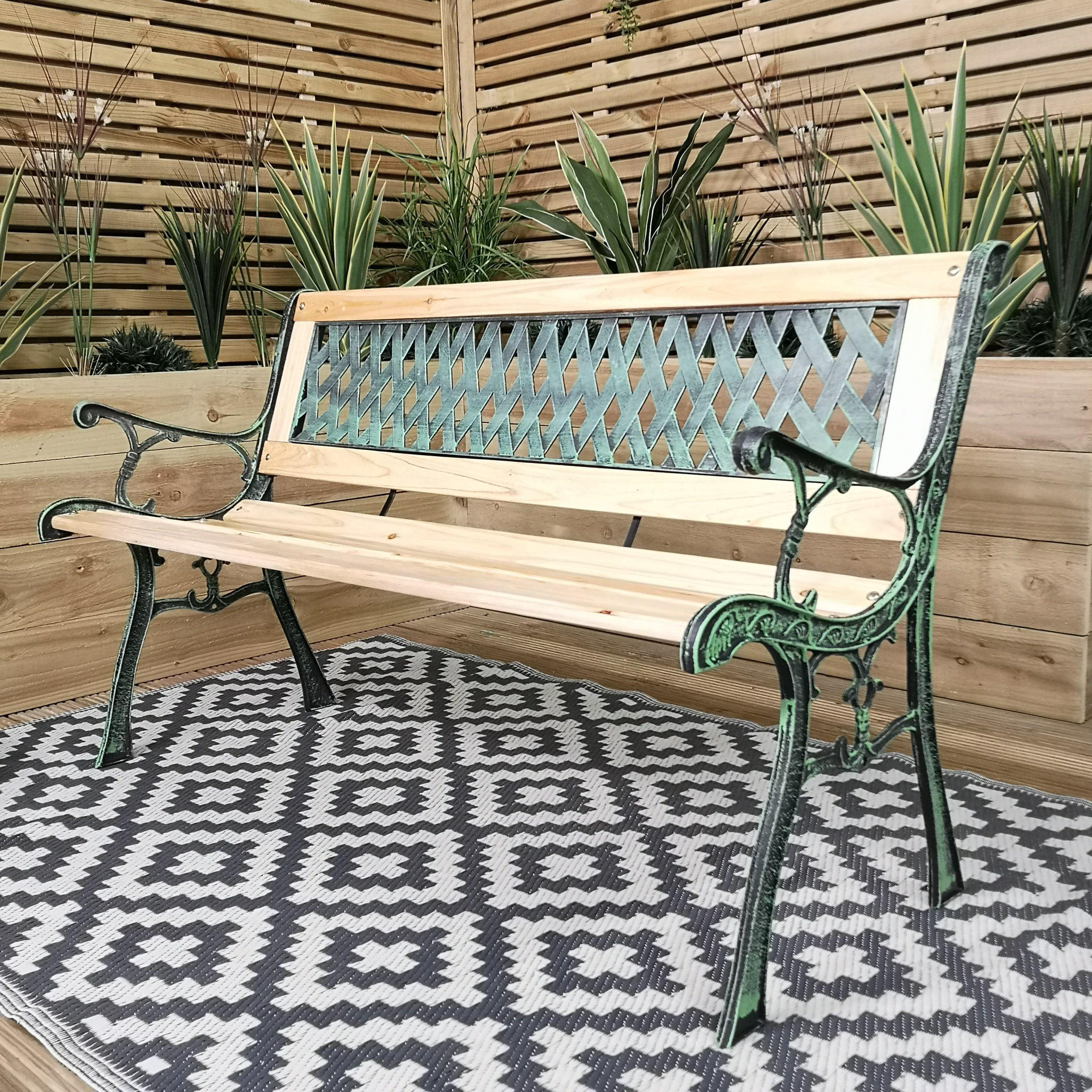 2 Seater Outdoor Wooden Cast Iron with Lattice Design Garden Patio ...