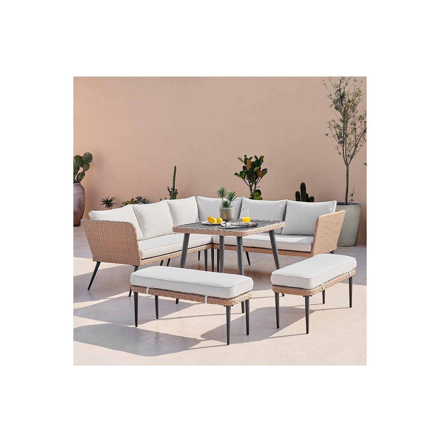 Seychelles PE Rattan Outdoor Garden 9 Seat Dining Table And Corner Sofa