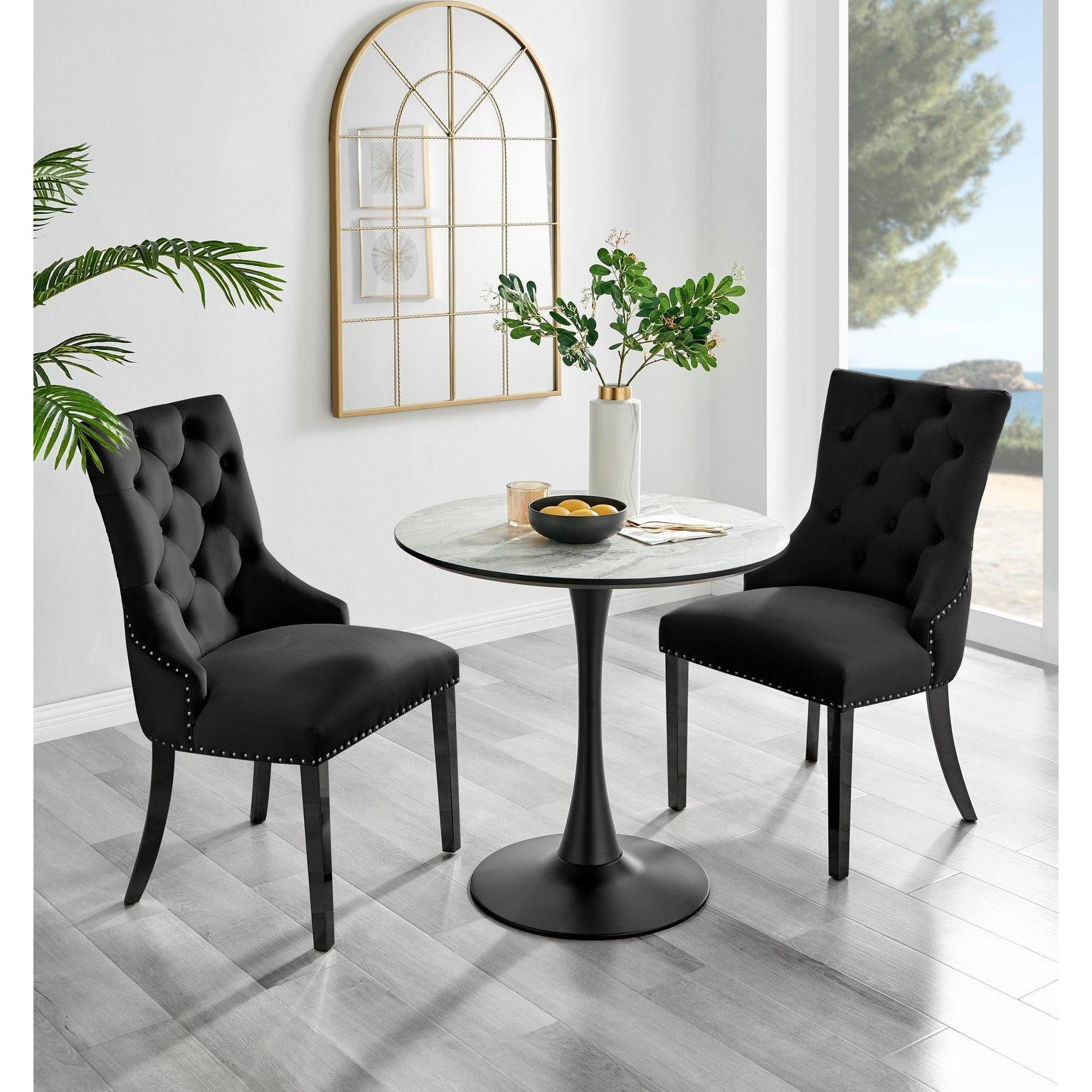 Elina White Marble Effect Scratch Resistant Dining Table & 2 Belgravia Velvet Black Leg Chairs