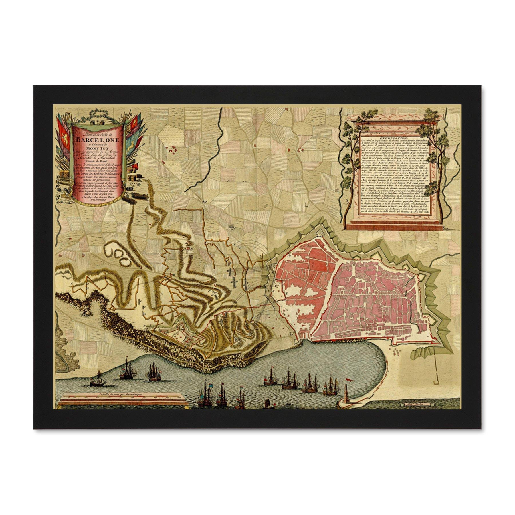 Map Old Vintage Barcelona Spain Farmland Surrounds Large Framed Wall Décor Art Print by