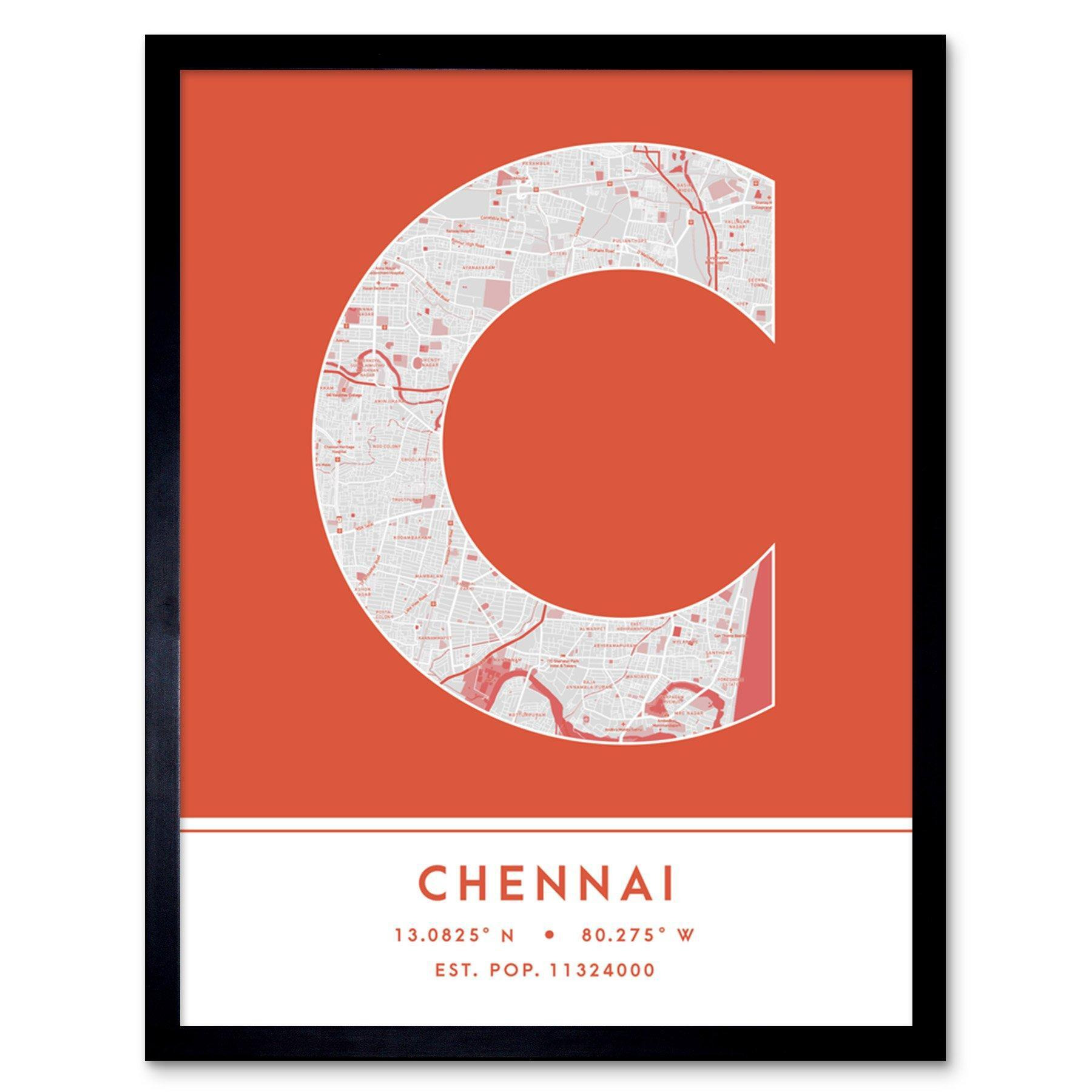 Chennai India City Map Modern Typography Stylish Letter Framed Word