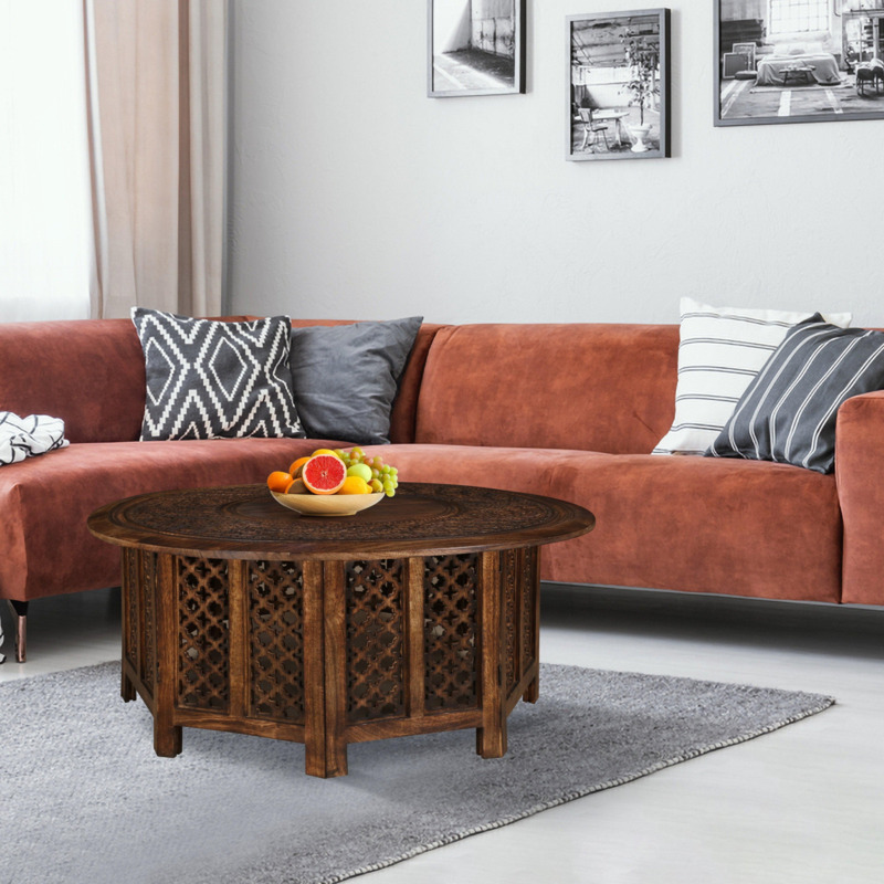 90 x 90 x 45 cm Big Round Coffee Table Mango Wood Carved Antique Centre