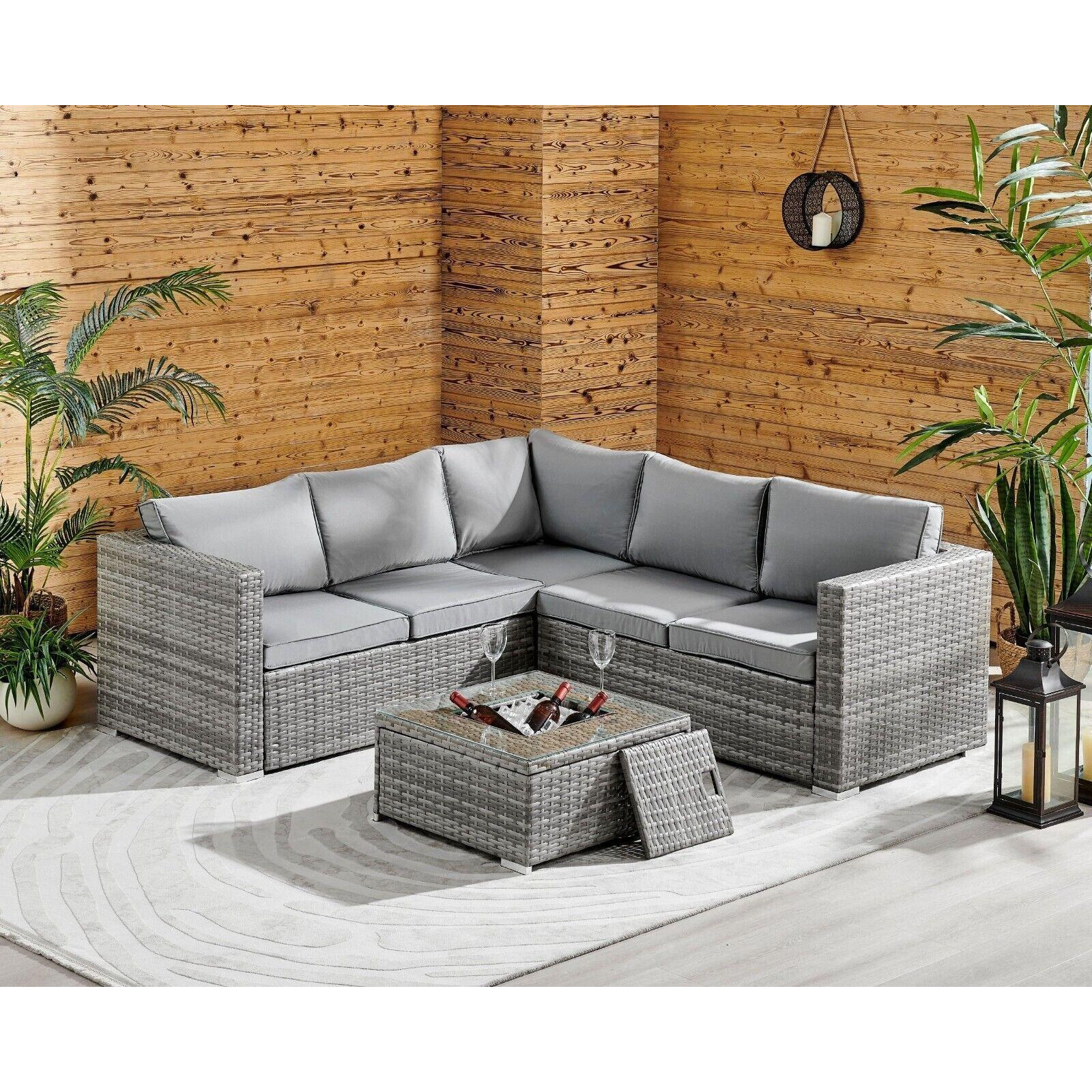 Outdoor Rattan Garden Corner 5 Seater Sofa Set With Cushions & Ice