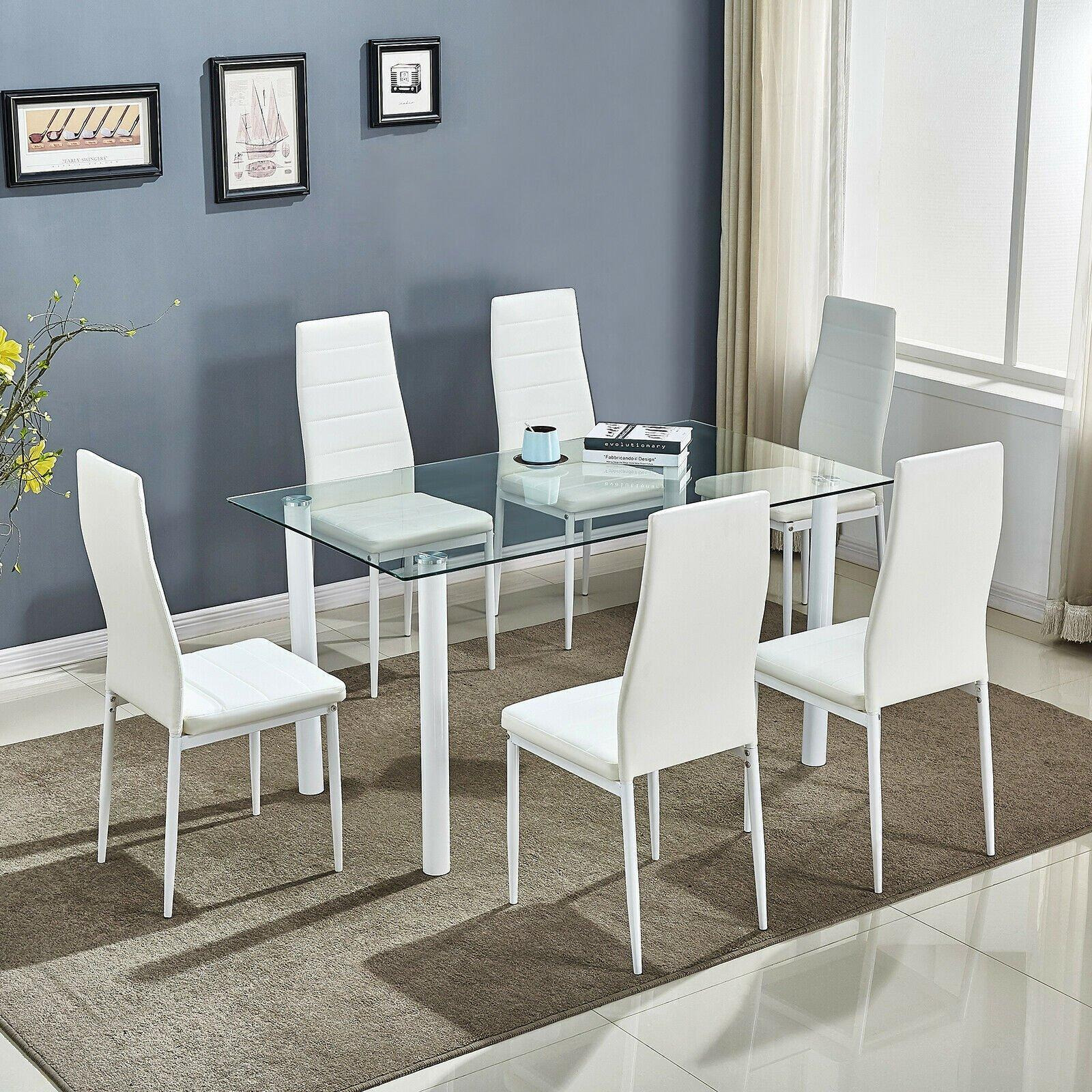 Glass Dining Table Set of 6 Kitchen Dining Table With 6 Chairs by