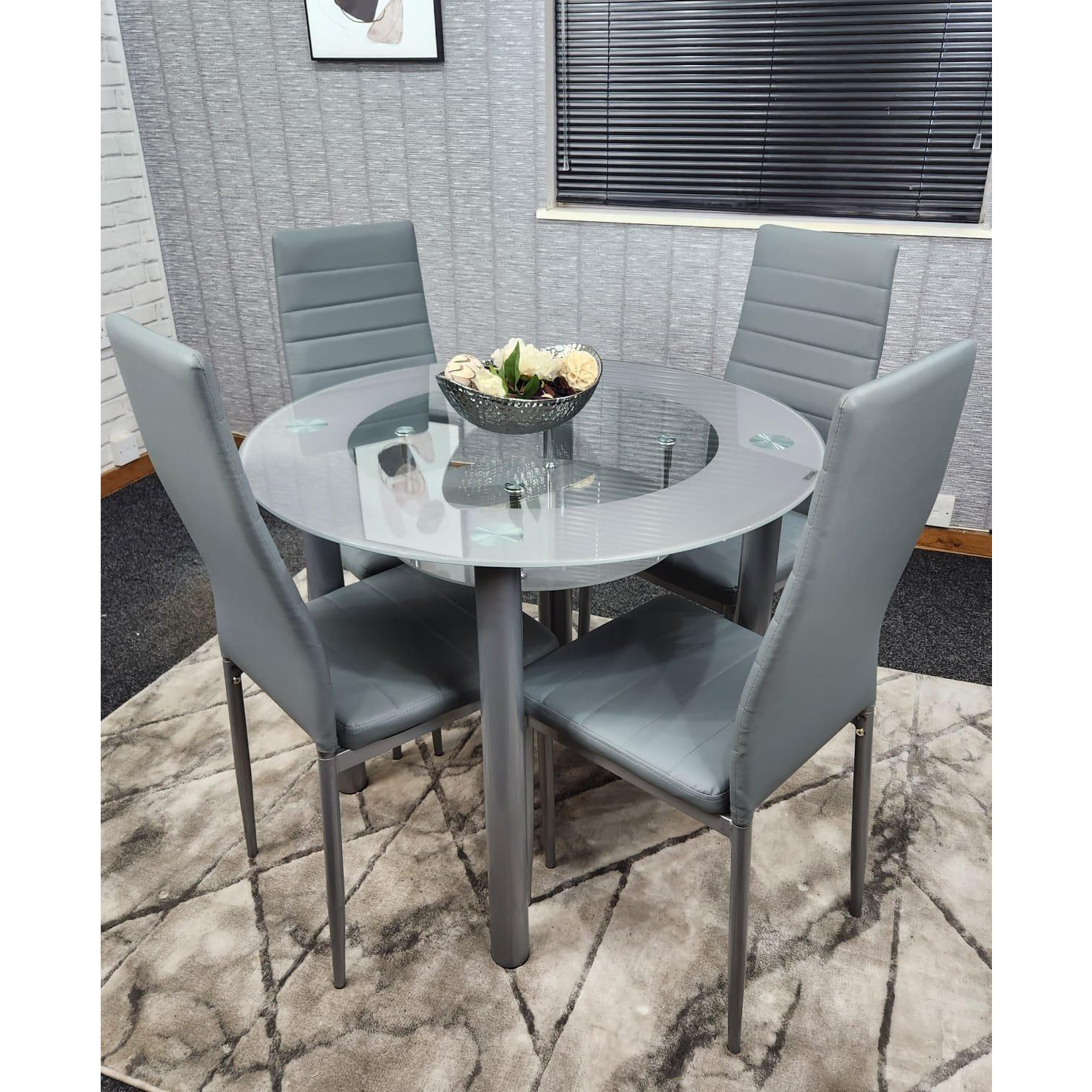 Round Glass Grey Kitchen Dining Table With Storage Shelf And 4 Grey