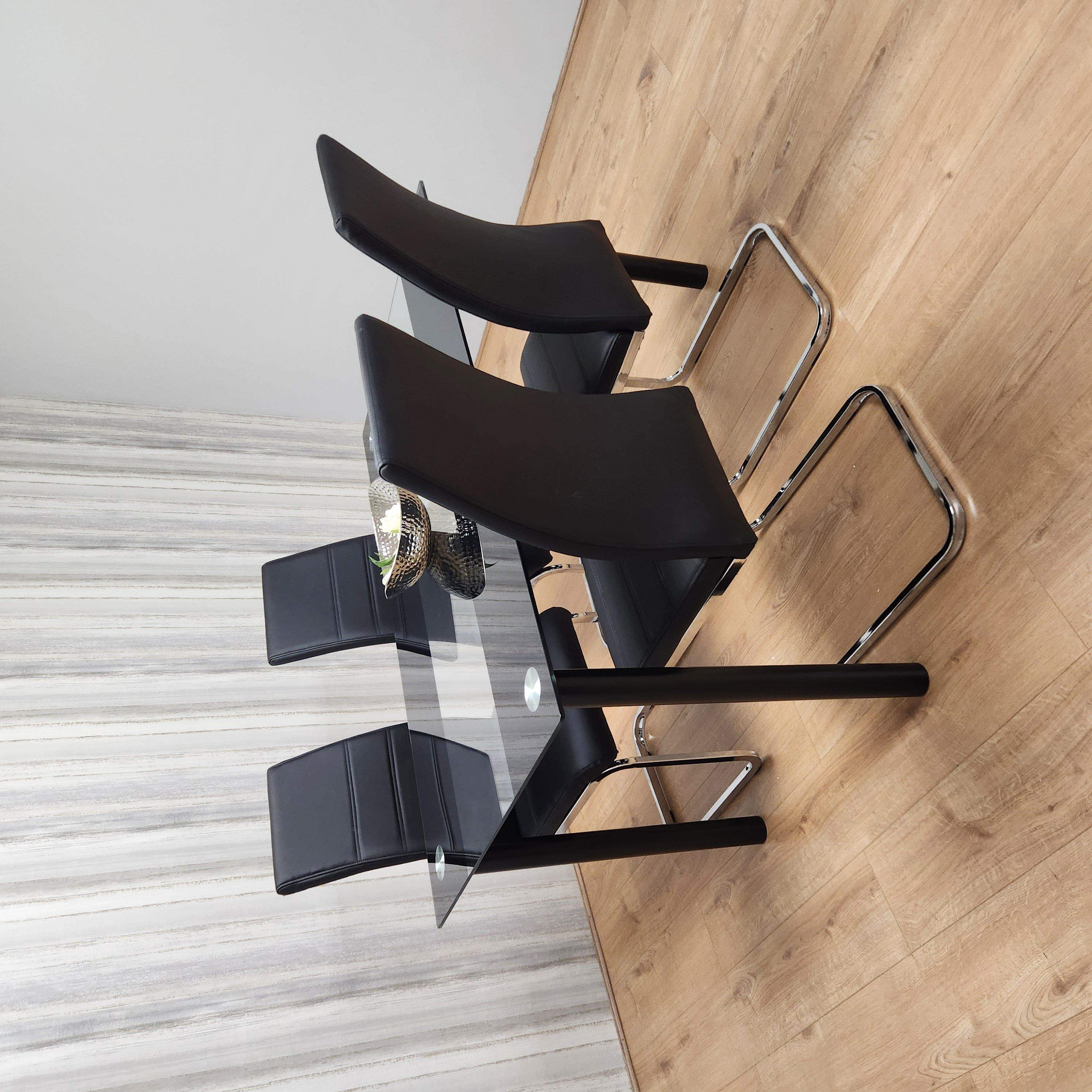 Dining Table Set of 4 Black Clear Table and Faux Leather Padded Chrome Black Kitchen Chairs ...
