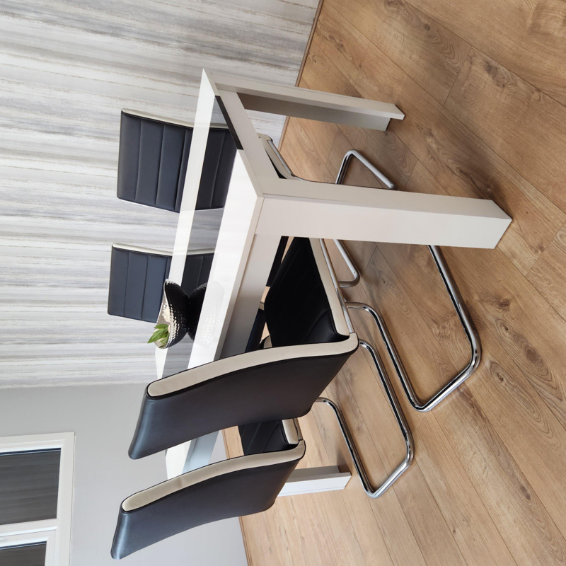 Dining Table and 4 Faux Leather Black White Padded Chairs High Gloss