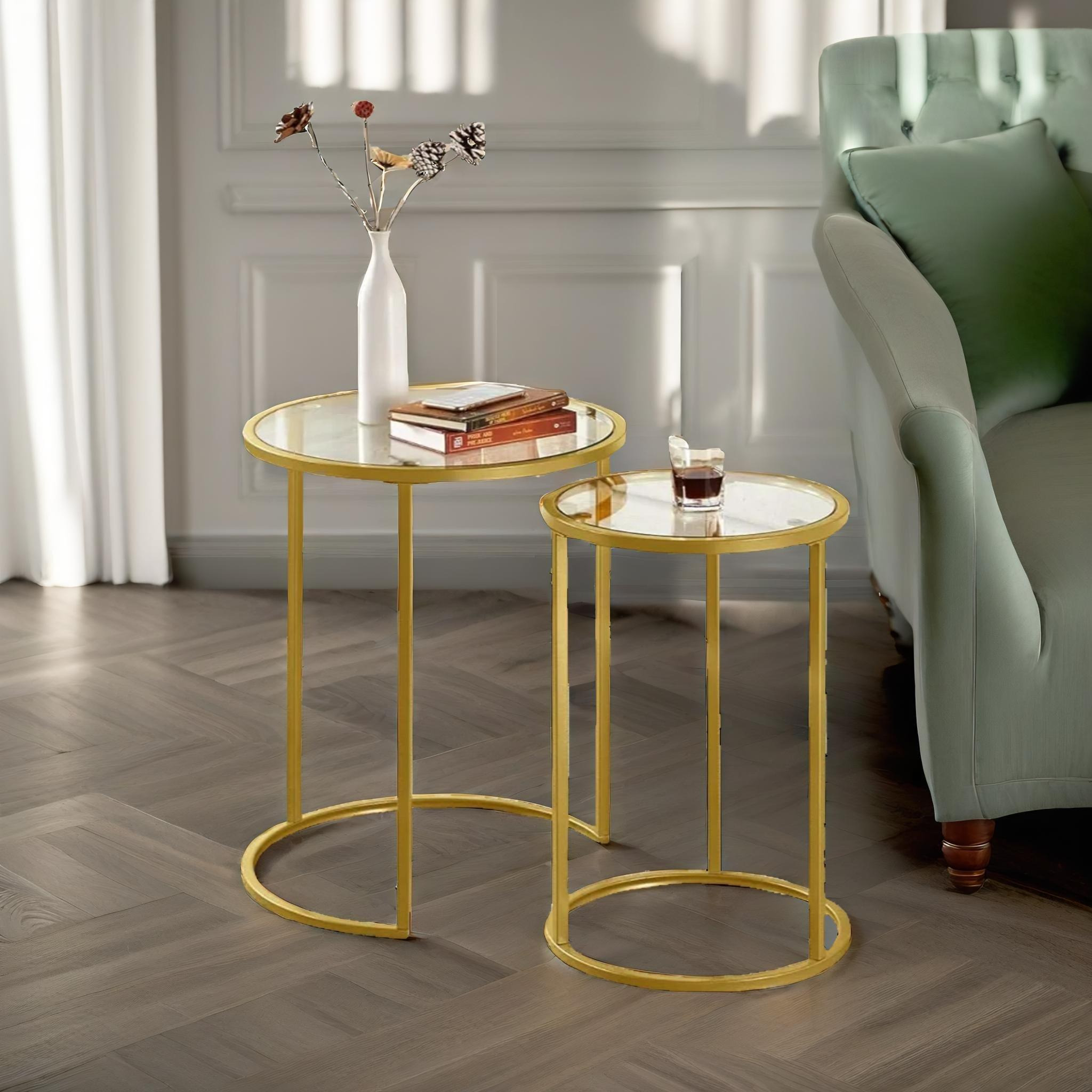 Set Of 2 Round Gold Nesting Tables With Tempered Glass by Debenhams ...
