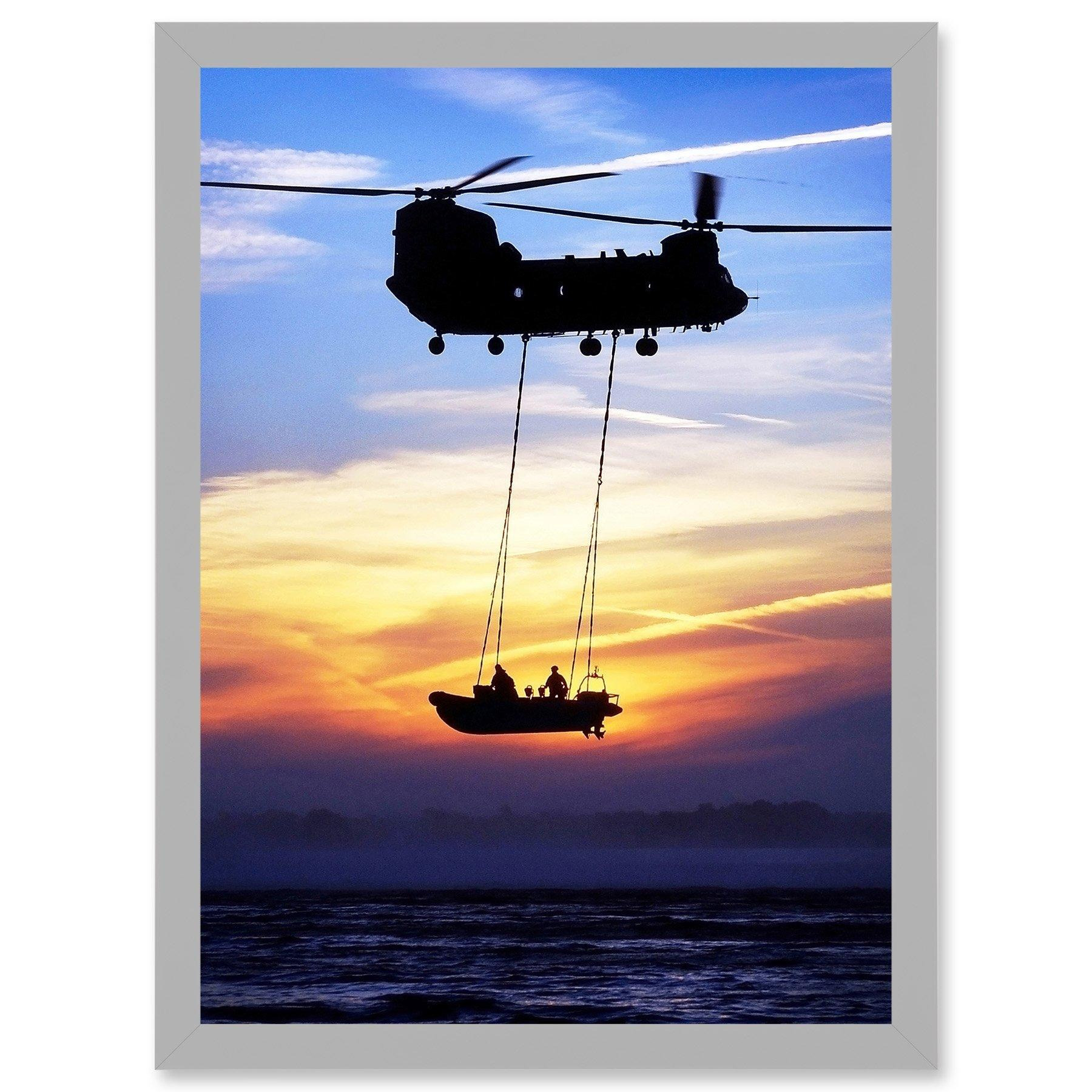 Military UK British Chinook Helicopter Royal Marines Artwork Framed