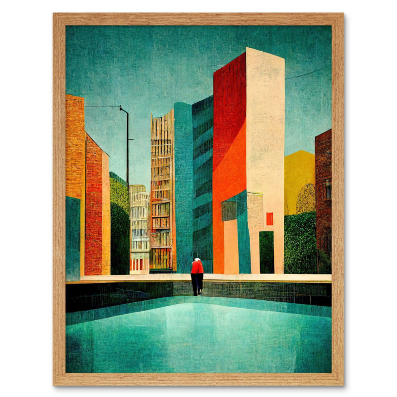 Midcentury Style Cityscape Skyline Painting Orange Teal Ochre Art Print Framed Poster Wall Decor
