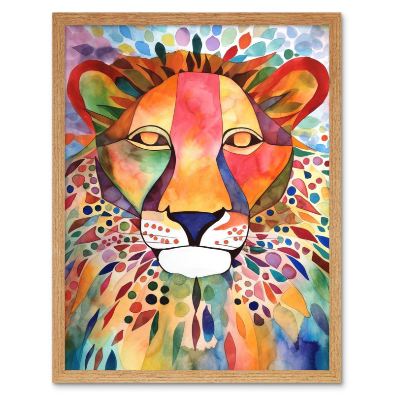 Lion With Multicoloured Pattern Mane Folk Art Watercolour Painting Art