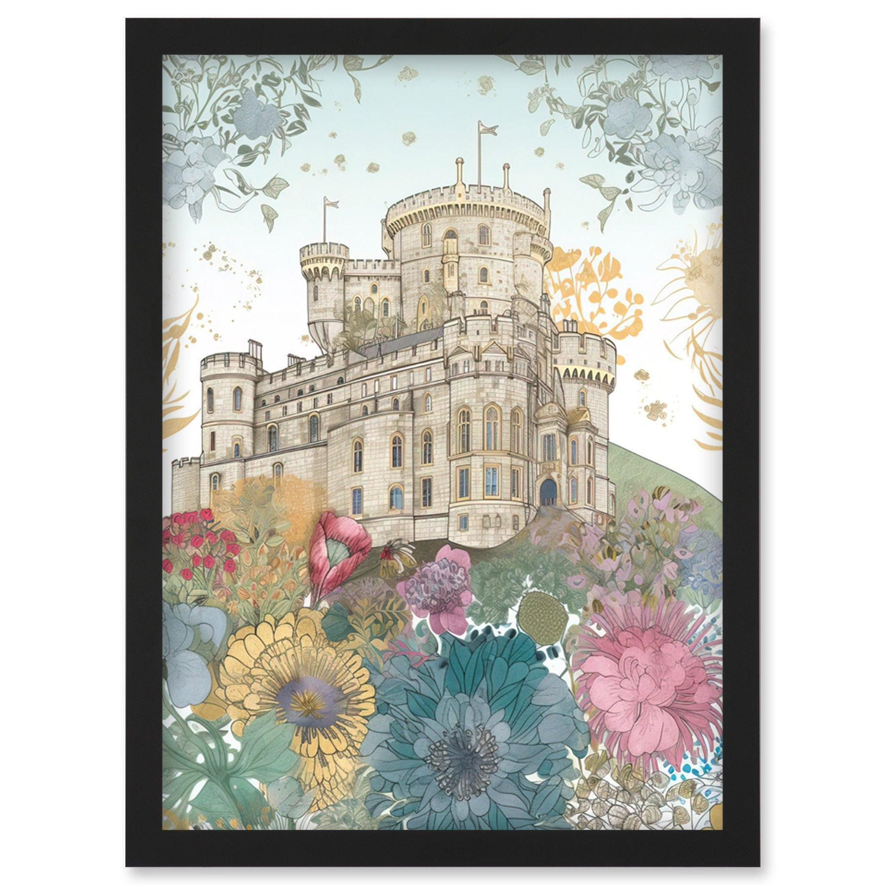 Castle over Blooming Flower Meadow Modern Pastel Colour Linocut Art Print Artwork Framed Wall