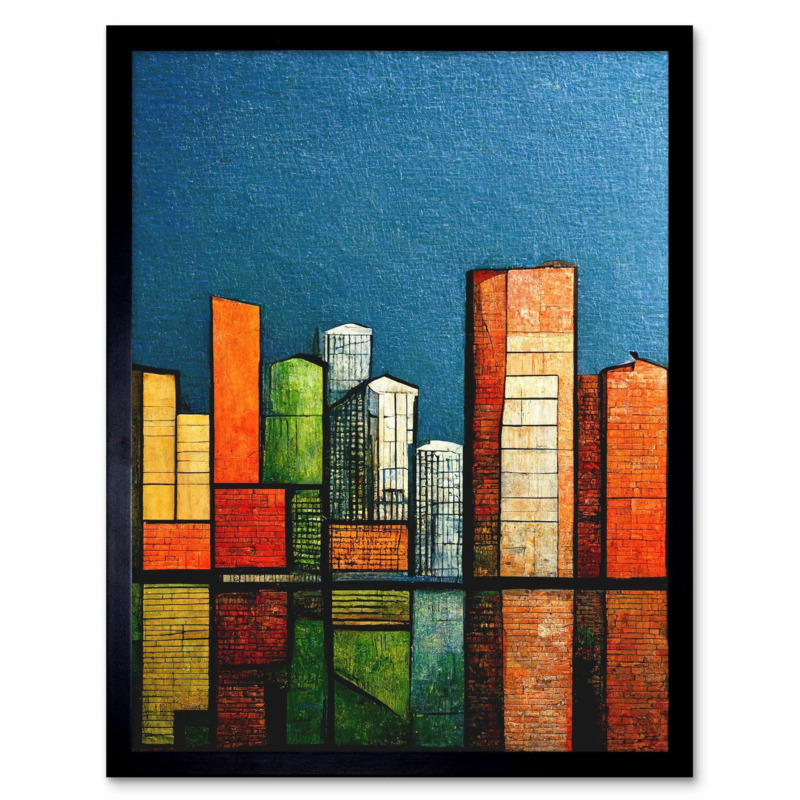 Abstract Modern Cityscape Reflections Orange Blue Yellow Art Print Framed Poster Wall Decor