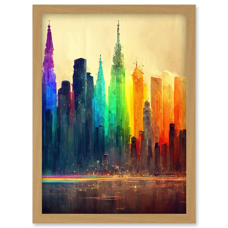 Futuristic Modern Rainbow City Cityscape Skyline Artwork Framed Wall Art Print A4 by Debenhams