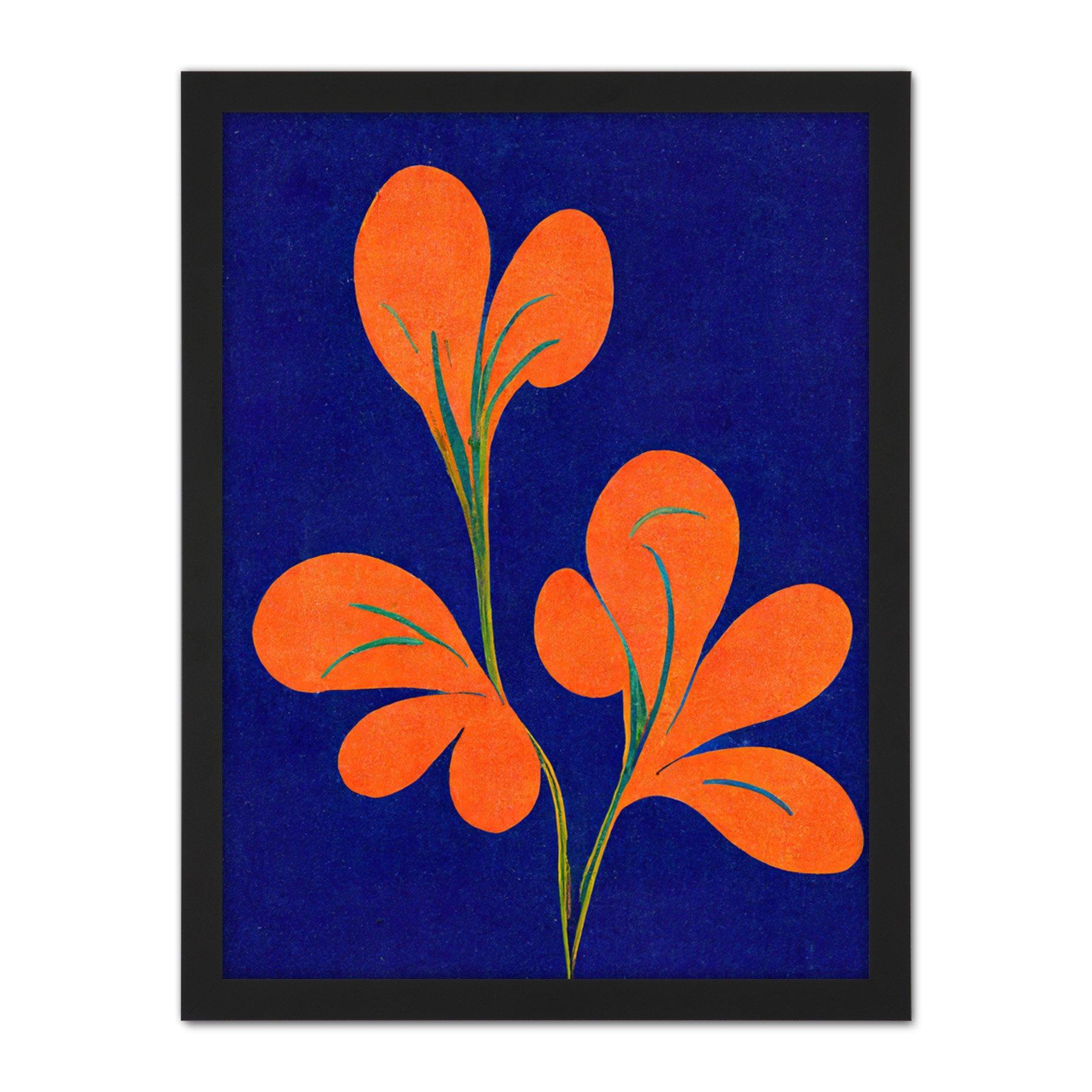 Henri Matisse Inspired Bright Abstract Orange Flower Blooms On Royal Blue Large Framed Wall