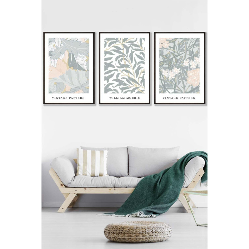Set of 3 Black Framed Sage Green & Peach William Morris Vintage Floral