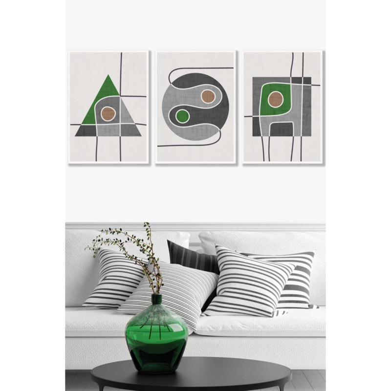 Set of 3 White Framed Mid Century Graphical Shapes in Grey and Green Wall Art by Debenhams