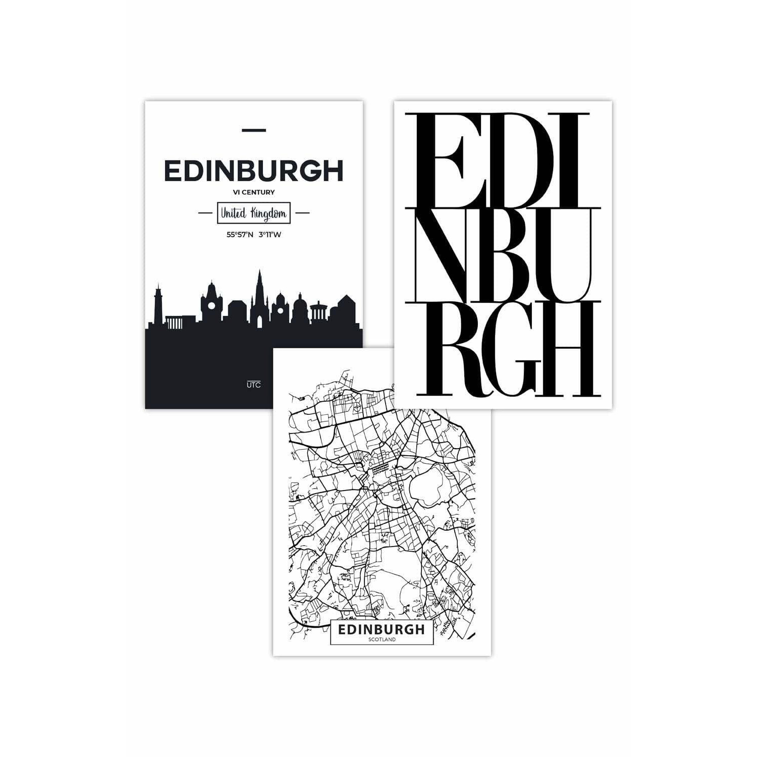 Set of 3 EDINBURGH Skyline Street Map City Prints Art Posters by