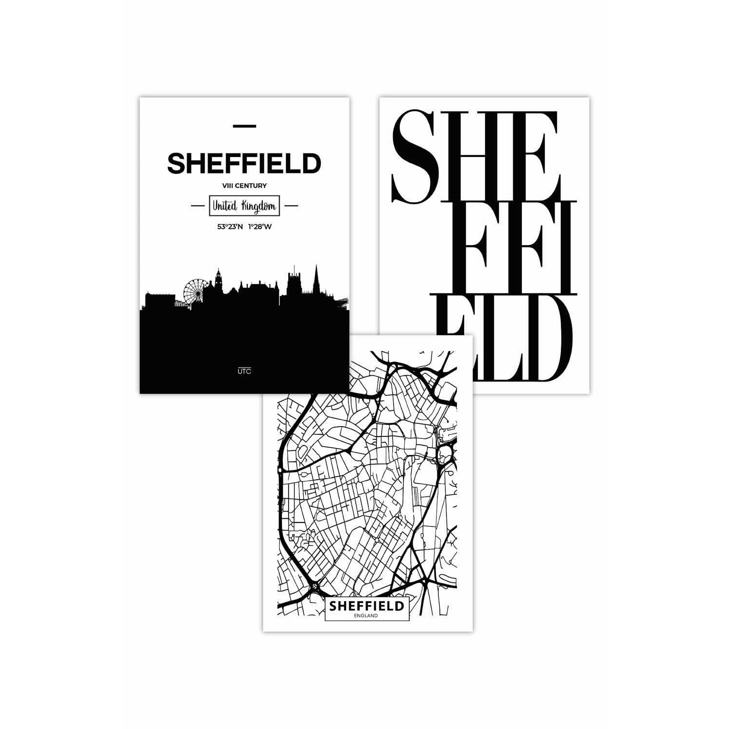 Set of 3 SHEFFIELD Skyline Street Map City Prints Art Posters by