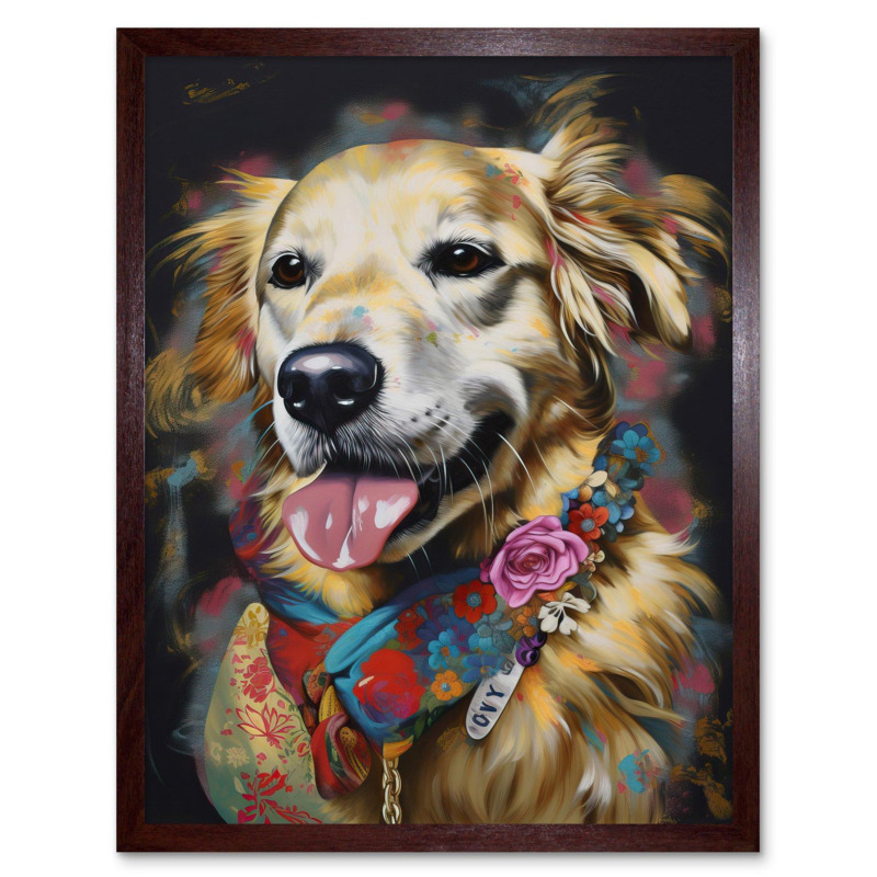 Golden Retriever Dog with Floral Bandana Collar Art Print Framed Poster