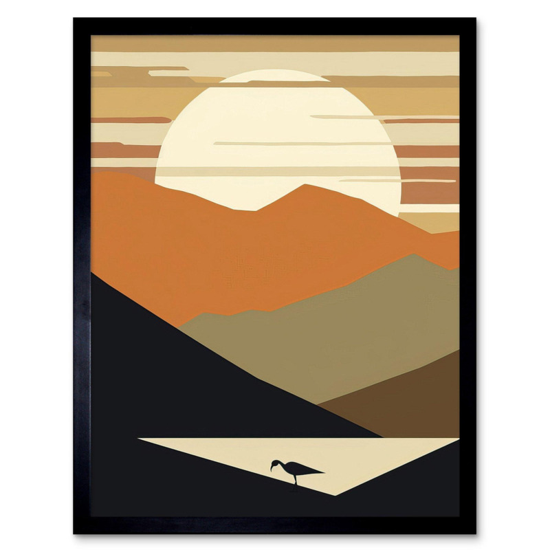 Lakeside Mountain Sunset Boho Minimalism Landscape Art Print Framed