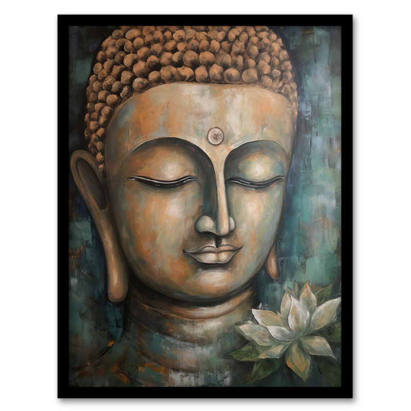 Spiritual Meditation Buddha Face Lotus Flower Acrylic Painting