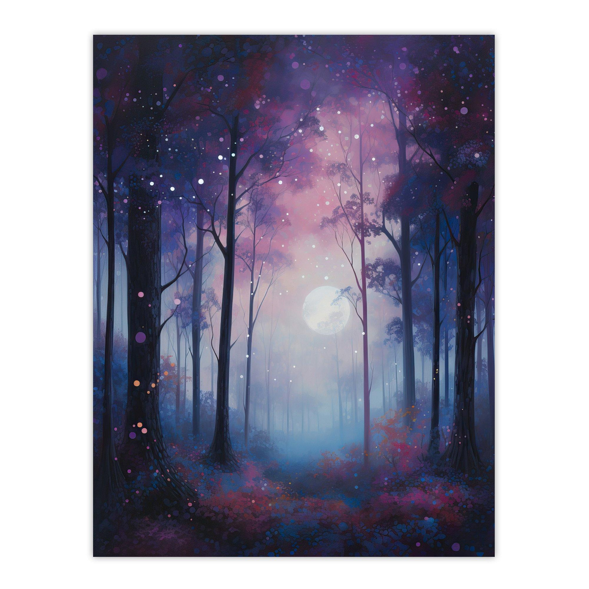 Enchanted Forest In Soft Moonlight Oil Painting Full Moon Fantasy Landscape With Fireflies