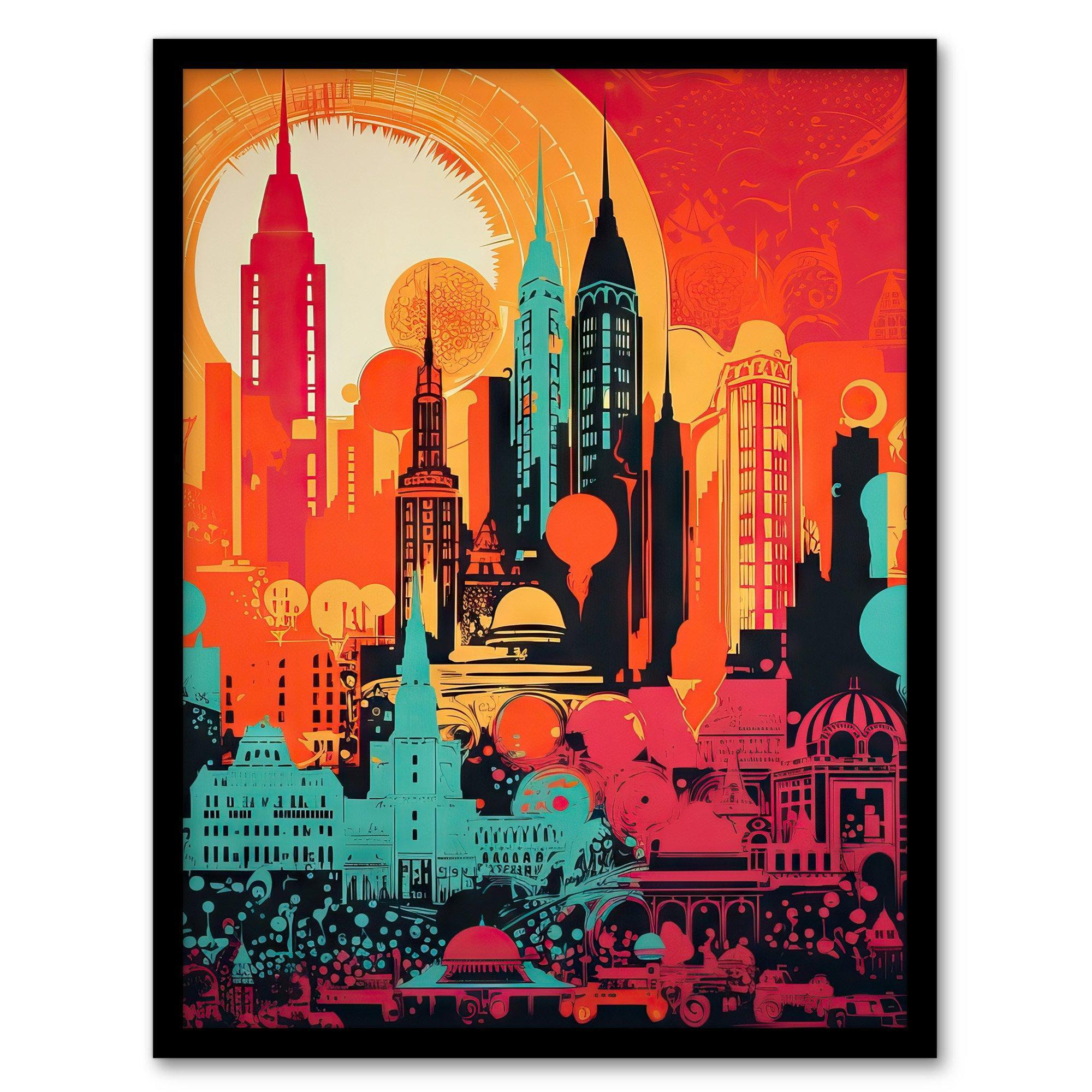 Wall Art Print Abstract New York City Cityscape Artwork Sunrise Red Yellow Turquoise Vibrant