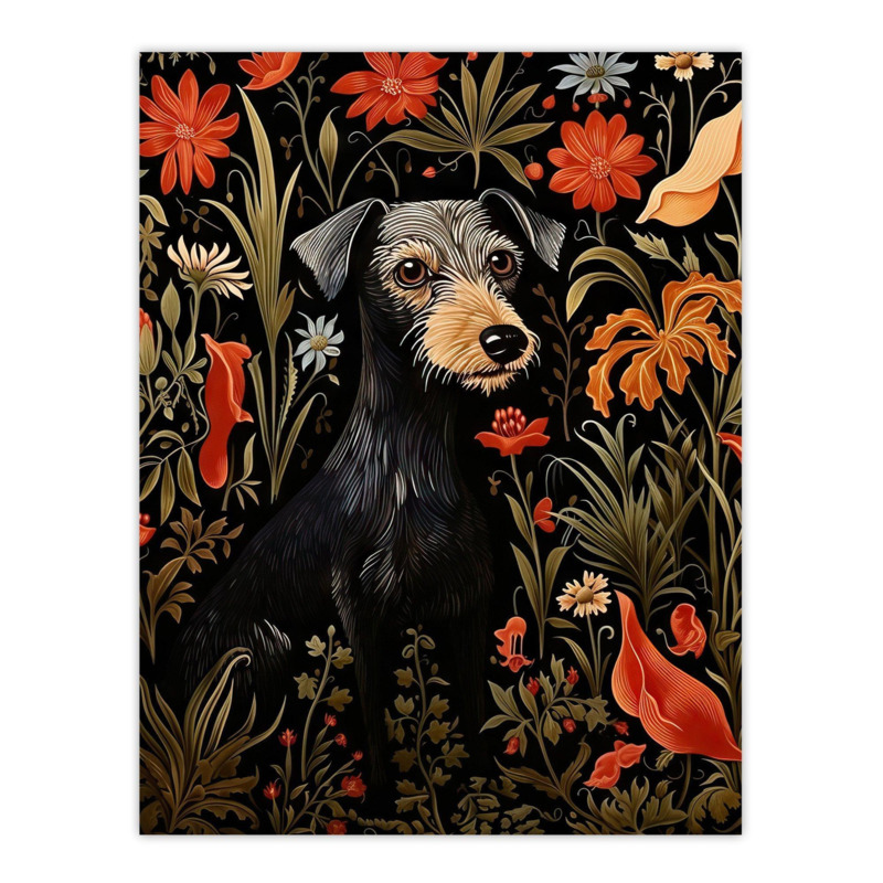 Black Irish Terrier Dog On Elegant Floral Backdrop William Morris Style
