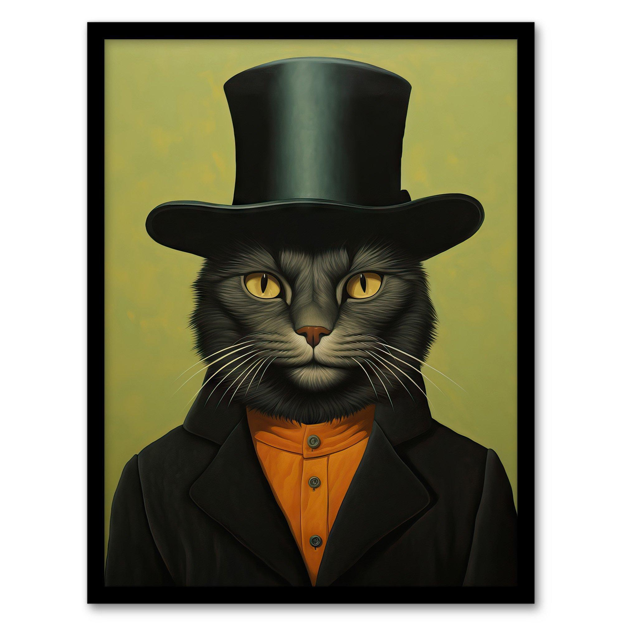 The Top Hat Cat Called Matt Sage Green And Black Portrait Art Print
