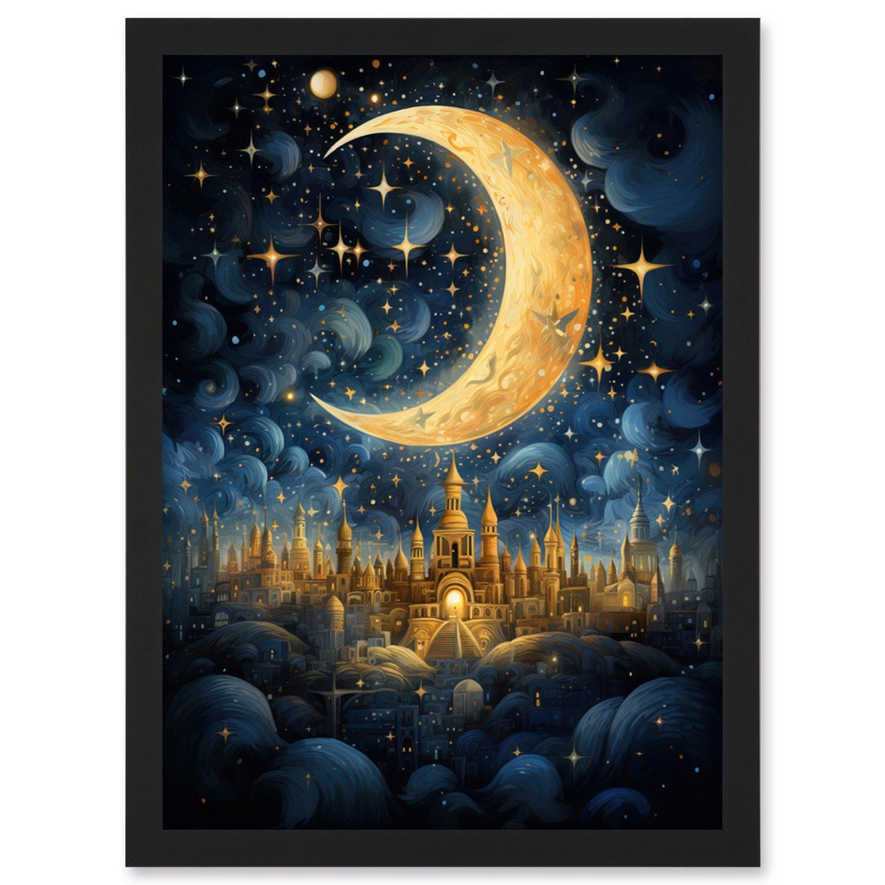 Golden City in the Clouds Surreal Artwork Blue Gold Crescent Moon