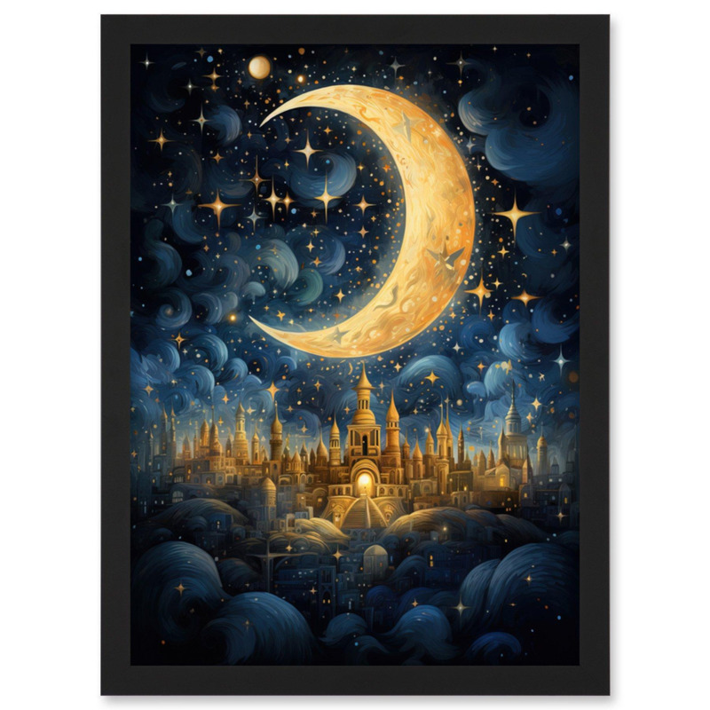 Golden City in the Clouds Surreal Artwork Blue Gold Crescent Moon Starry Night Fairytale Artwork