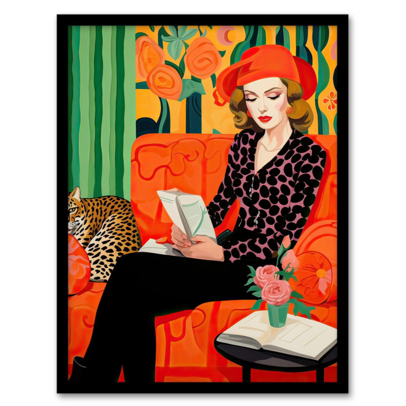 Retro Chic Oil Painting Orange Green Lounge Portrait Woman and Leopard on Couch Artwork Framed