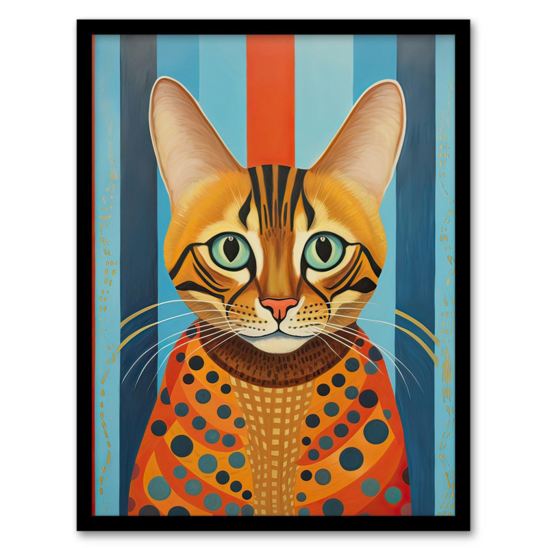 Bengal Cat Geometric Folk Art Portrait Orange Blue Oil Painting Artwork
