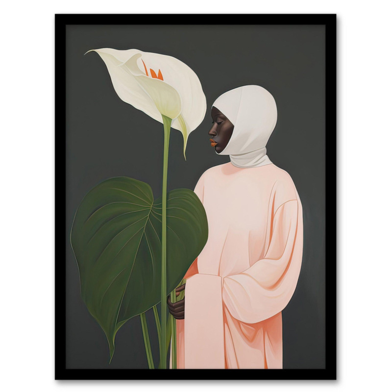 Peace Lily Sensation Oil Painting Grey Green Pink Woman with a Single Giant Flower Artwork