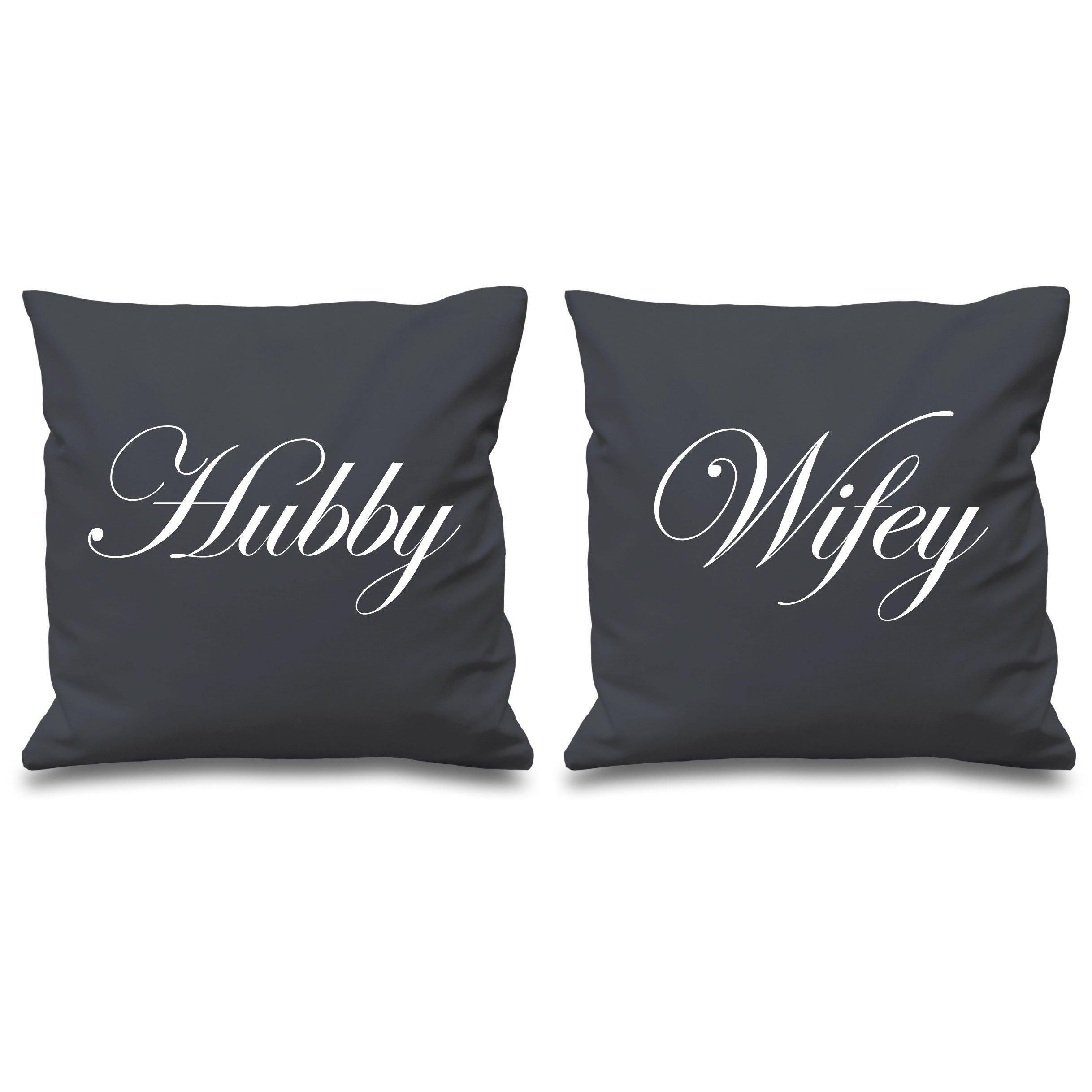 "Hubby Wifey Grey Cushion Covers 16"" x 16"" Couples Cushions