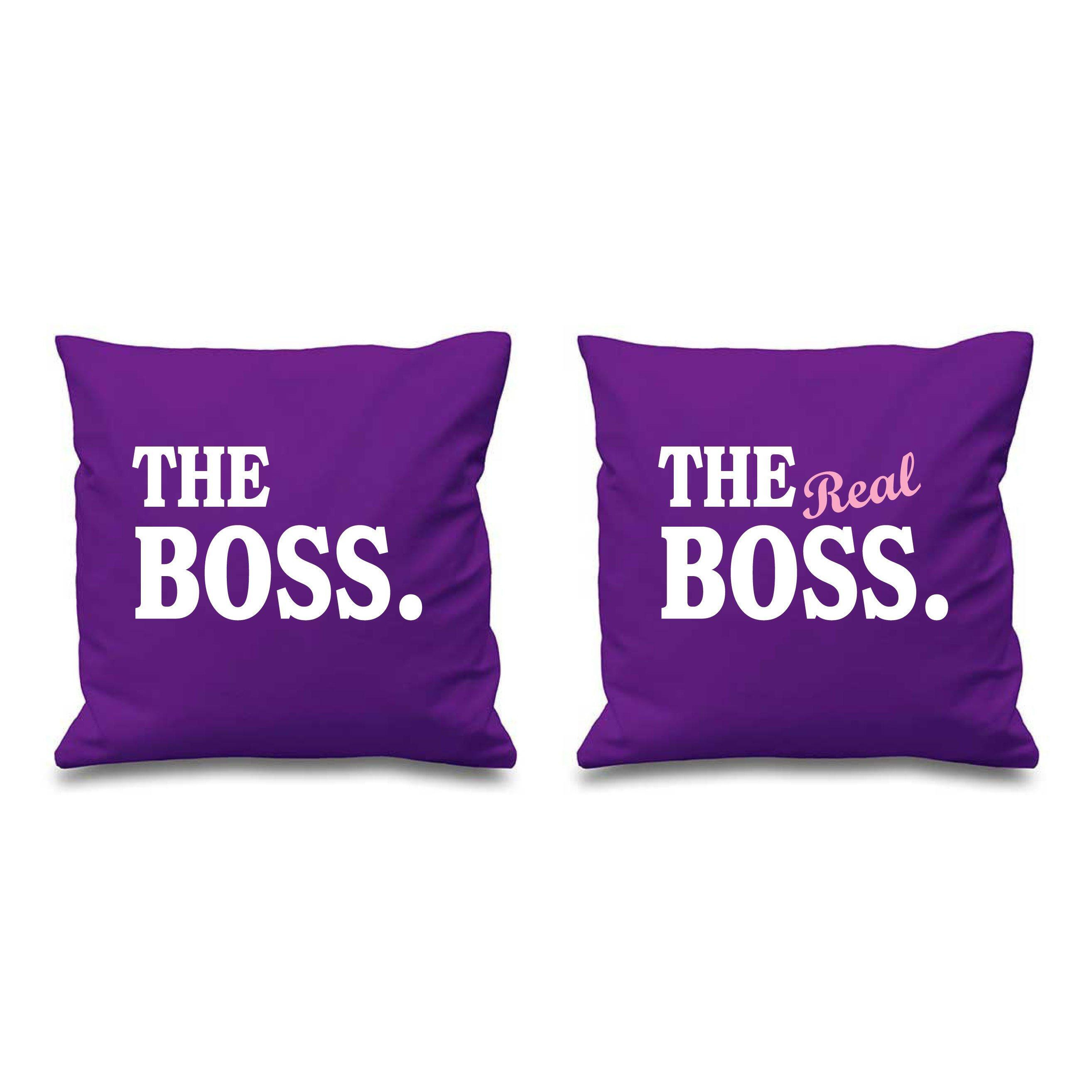 "The Boss The Real Boss Purple Cushion Covers 16"" x 16"" Couples