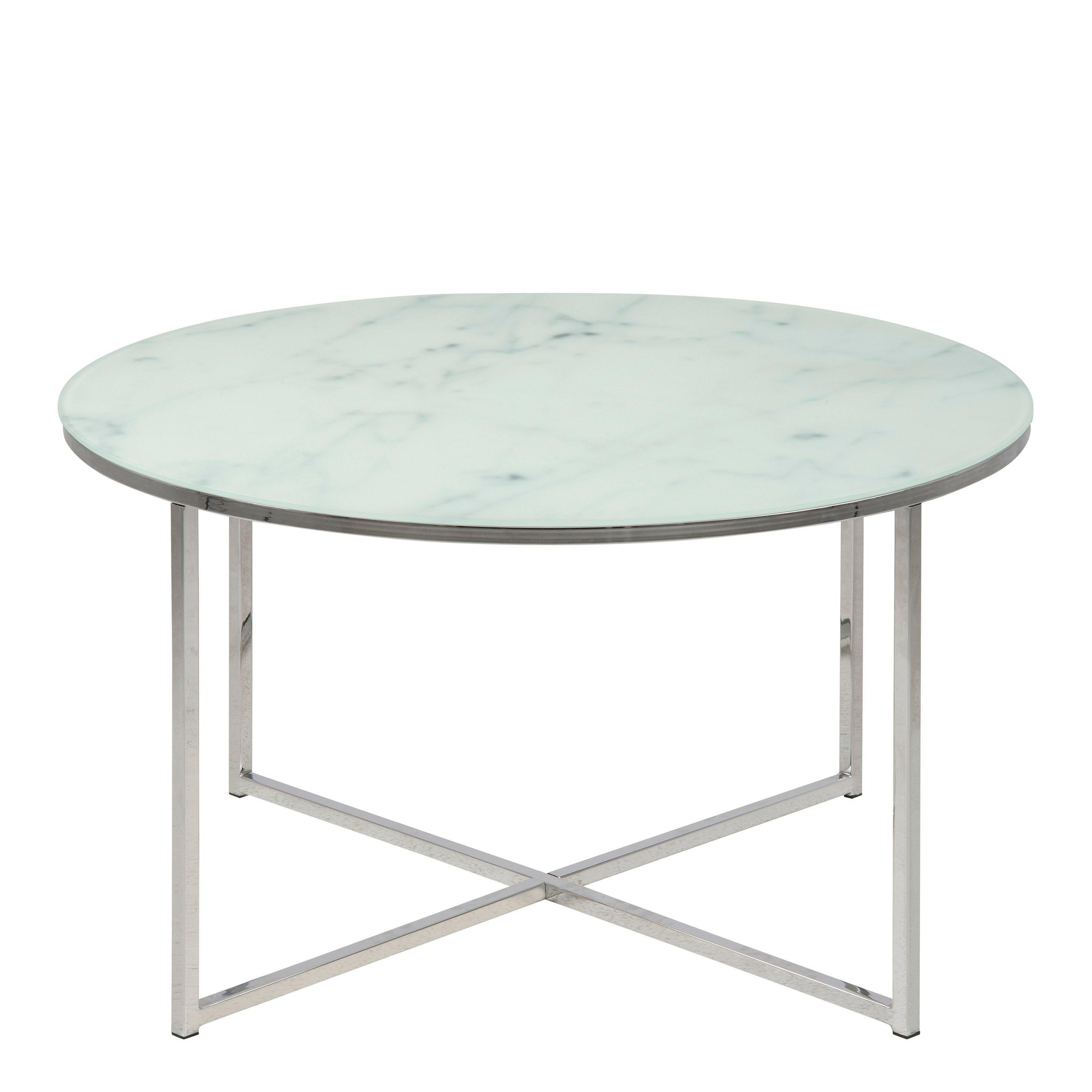 Alisma Round Coffee Table with White Marble Effect Glass Top & Silver
